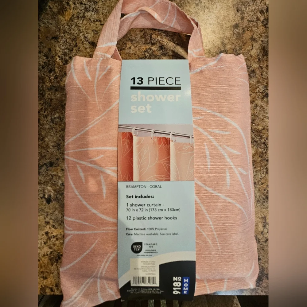 Coral Peach Colored Leaves Shower Curtain Set With Hooks